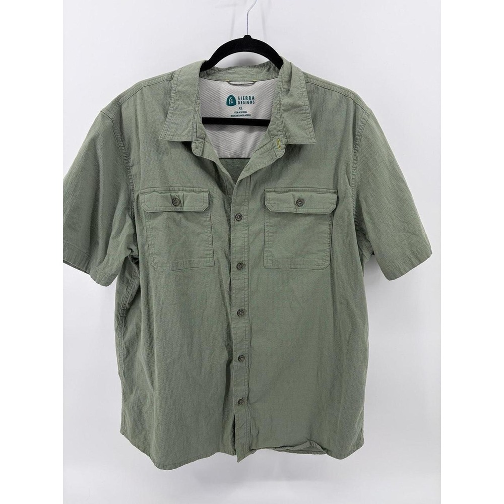 Sierra Designs Tech Shirt XXL Green Button Down Short Sleeve Outdoor Hiking, XL